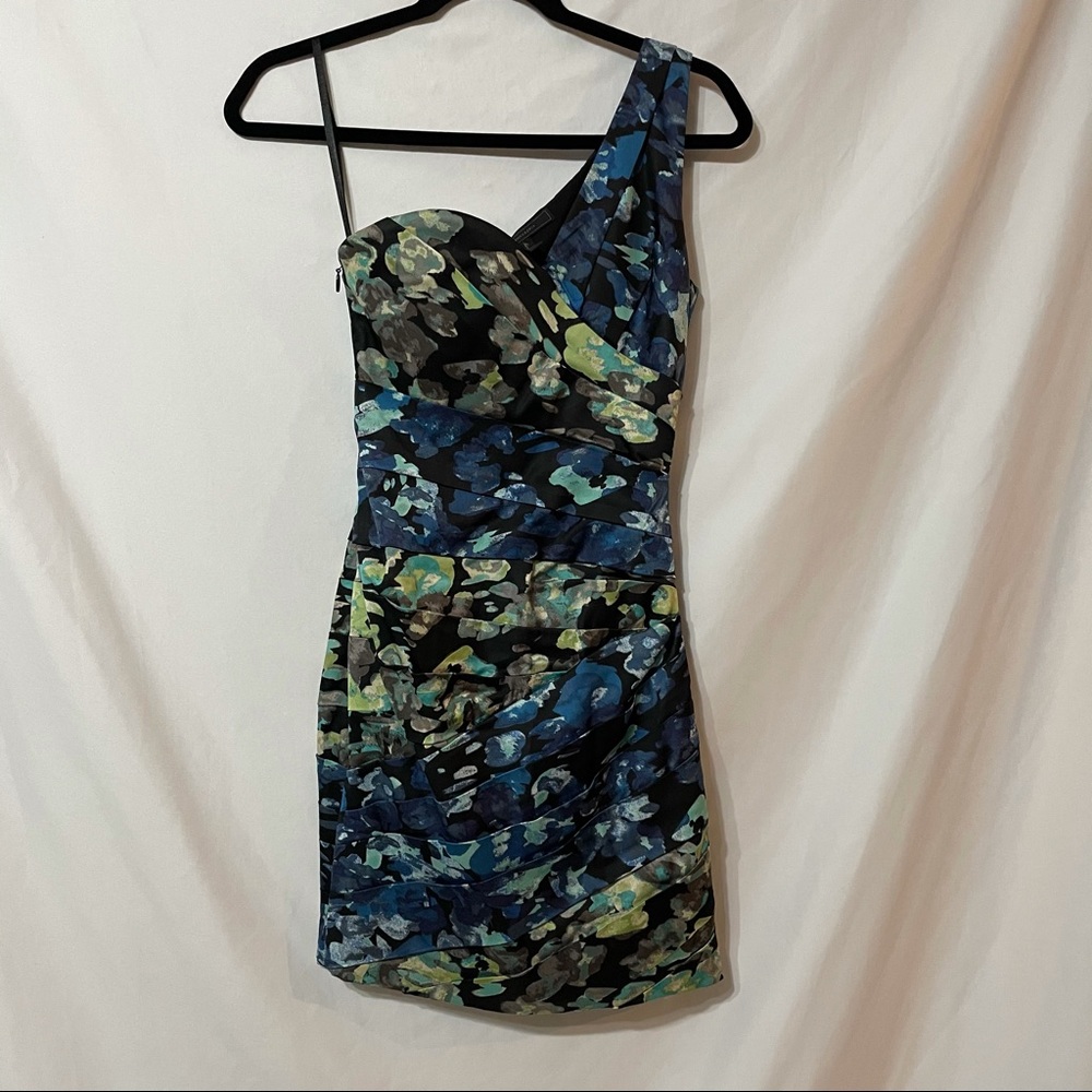 BCBGMaxAzria Blue Floral One Shoulder Dress Formal
